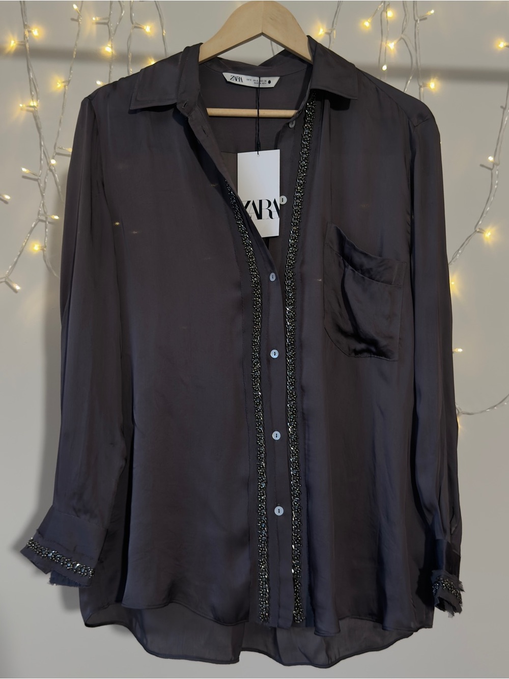 ZARA NWT Oversized Embellished Beaded Satin Shirt Blouse Size S